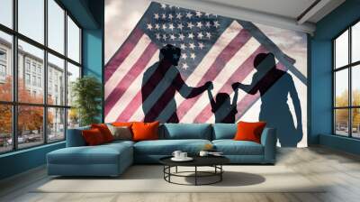 Patriotic man, woman, and child waving American flags in the air. Wall mural