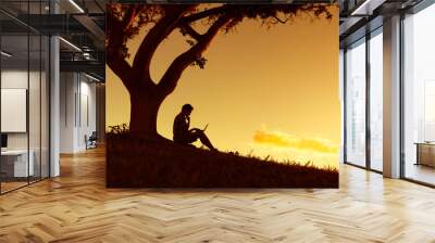 Reading and learning concept. Silhouette of young man reading on his computer in a outdoor park setting.  Wall mural