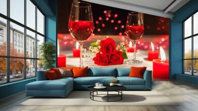 Romantic date night. Candle light dinner with roses and wine.  Wall mural