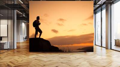 silhouette of man on top of mountain Wall mural