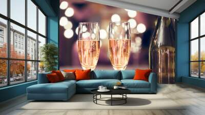 Time to party and celebrate! Pair of champagne glasses in a restaurant setting.  Wall mural