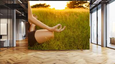 Woman meditating in a open field at sunset.  Wall mural