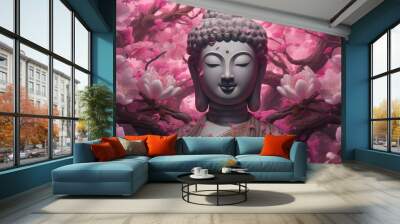  buddha through blossomed flowers, generative AI Wall mural