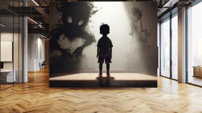  kid facing scary shadow of bad person in the shadow, nightmare, generative AI Wall mural