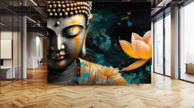  Lotus flowers and gold buddha statue, generative AI	 Wall mural