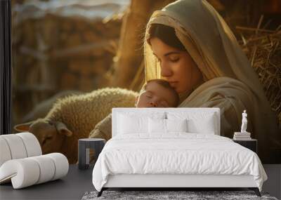 a beautiful young woman in white g-funded robe cradling the newborn Jesus Wall mural