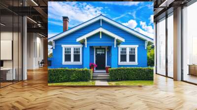 A bright blue craftsman bungalow house with white trim, in the front yard there is an old-fashioned black door and two potted plants.  Wall mural