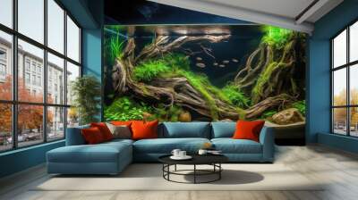 A captivating nature aquarium with underwater plants, driftwood, rocks, and fish, showcasing a harmonious aquascape design, generative AI Wall mural