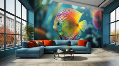 A colorful discus fish with blue and red stripes, swimming gracefully in the water of an aquarium Wall mural