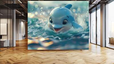 A cute baby dolphin is surfing on the waves, with its head and body sticking out of the water Wall mural