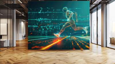 A digital human figure in athletic wear running on an indoor track, with data visualizations of various health and fitness charts behind it. Wall mural