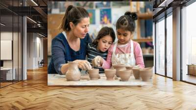 A family is creating pottery together in an art studio Wall mural