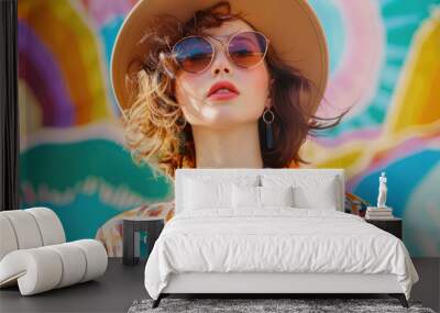 A fashion photoshoot of an elegant woman wearing sunglasses and stylish , standing in front of colorful abstract shapes Wall mural