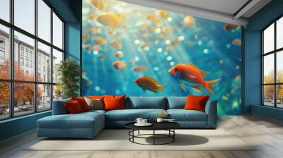 A group of beautiful fish swimming in the blue sea Wall mural