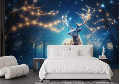 A magic reindeer in glowing lights in a winter scene Wall mural