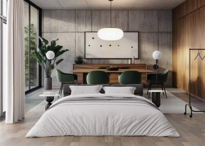 A mid-century modern dining room with an oval wooden table, green chairs, and two oak cabinets on the side wall Wall mural