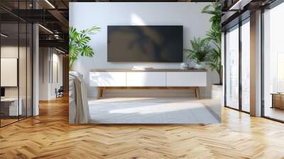 A modern living room with white walls, sleek furniture and plants, creating an elegant atmosphere. The sofa is positioned in front of the TV on a wall stand Wall mural