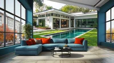 a photo of an modern home in Miami, with white walls and flat roof style house, a small backyard pool area, large windows, green grass, palm trees, blue sky Wall mural