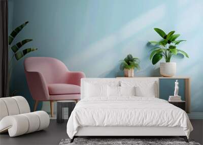 A serene and minimalistic interior design of an empty room with light blue walls, featuring soft pastel colors for furniture like a pink armchair or sofa Wall mural