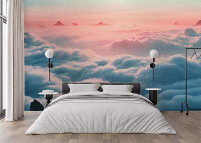 a single man stands on top of a mountain overlooking clouds Wall mural