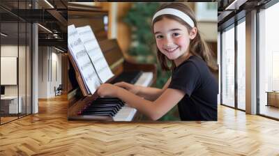 A young girl with brown hair and a white headband leans on the piano keys, smiling at the camera Wall mural