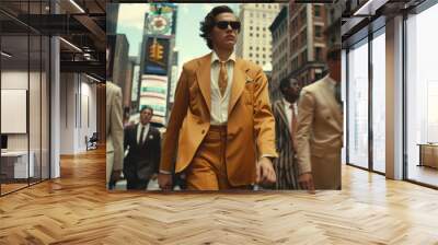 A young man in an amber suit walks down the street, surrounded by other men dressed in suits and wearing sunglasses Wall mural