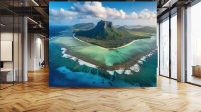 Aerial image of the island of Mauritius, with the renowned Le Morne Brabant mountain, the stunning blue lagoon, and the dramatic underwater waterfall, generative AI Wall mural