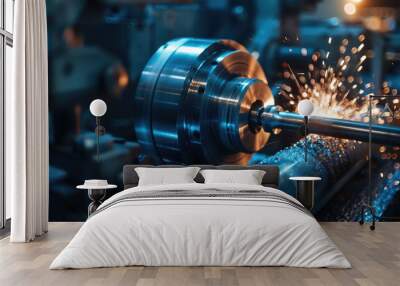 an industrial turning machine with sparks flying from its spinning lens and in front of it is a bright blue aluminum profile that shines under studio lighting Wall mural