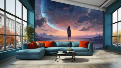 anime girl starry night night sky, in the style of realistic yet stylized, generative AI Wall mural