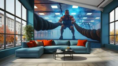 Athletic young man with battle rope doing exercise in functional training fitness gym Wall mural