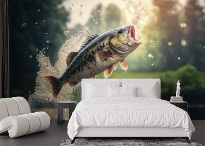 bass fish jumping out of water in pond with splashes against blurred nature, generative AI Wall mural