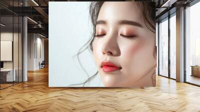 Beautiful korean woman with closed eyes and long eyelashes isolated on white background, closeup portrait, copy space concept, beauty salon ad banner Wall mural