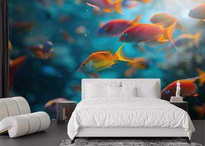 Beautiful tropical fish school swimming in the ocean, with a blue background and sunlight reflection Wall mural