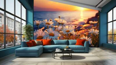 Beautiful wild flowers chamomile at sunset Wall mural