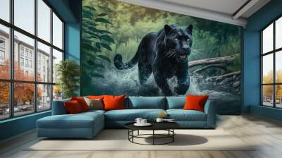 black panther tiger runs on water, in forest. Dangerous animal. Animal in a green forest stream Wall mural