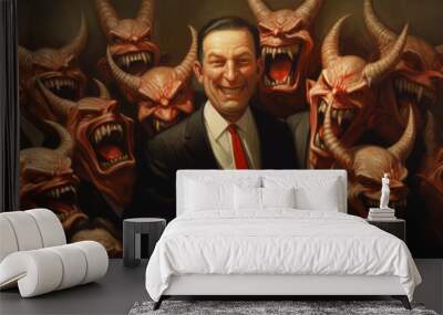 Bunch of greedy evil politics with devil like eyes and horns laughing Wall mural