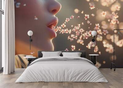 Close-up of a woman's mouth spitting out small flowers, the air filled with blossoms. Wall mural