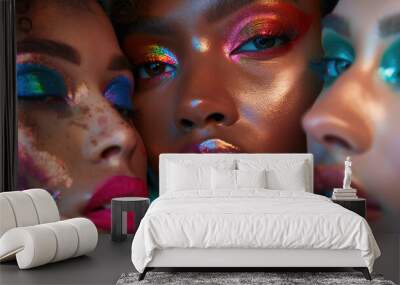 Closeup of three diverse models with colorful makeup, each showcasing different styles and looks against an urban backdrop, capturing the essence of diversity in beauty and fashion Wall mural