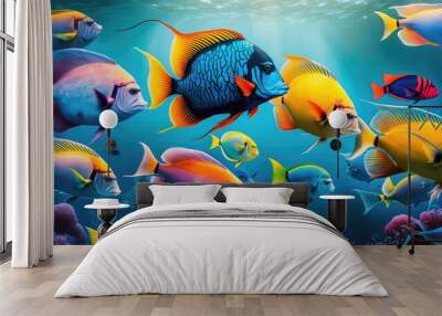 Colorful tropical fish swimming in ocean, generative AI Wall mural