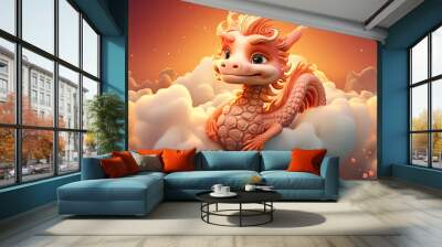 Cute cartoon Chinese dragon, happy lunar new year 2024 background Wall mural