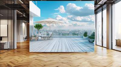 deck with white wood flooring, outdoor seating and umbrella for shade, overlooking city view with blue sky and clouds, plants in pots on the side of terrace Wall mural