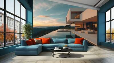 Exterior of modern minimalist cubic villa with swimming pool at sunset Wall mural