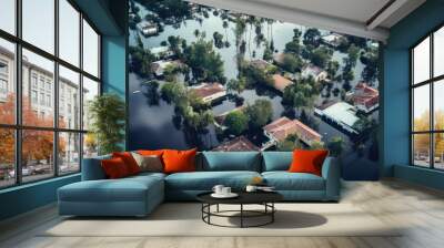 Flooded houses by hurricane rainfall in Florida residential area. Consequences of natural disaster Wall mural