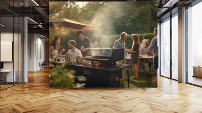 friends grilling food on an outdoor grill, sharing happy time together Wall mural