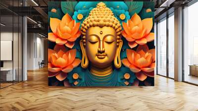 glowing 3d golden buddha face and abstract glowing colorful lotuses flowers Wall mural