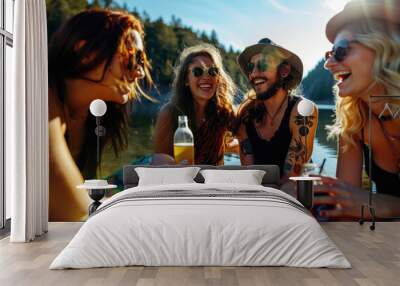 Group of friends having fun near a lake, laughing and drinking outdoor on a sunny day Wall mural