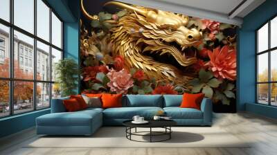 Happy chinese new year 2024 , the dragon zodiac and flower with gold style on color background
 Wall mural