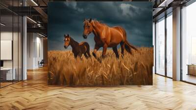 horse and baby walking in a field, generative AI Wall mural