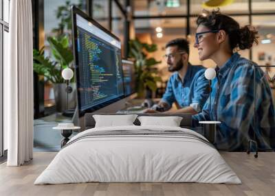 IT developers or programmers working using a computer together in an office Wall mural