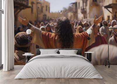 Jesus with his arms outstretched in the middle of crowd Wall mural